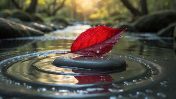Red Leaf on Rock in Water Ripples photo