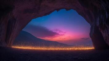 Cave Entrance at Dusk with Glowing Lights photo