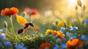 Ant with Leaf in Field of Colorful Flowers photo