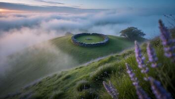 Hill with Stone Circle in Foggy Landscape photo