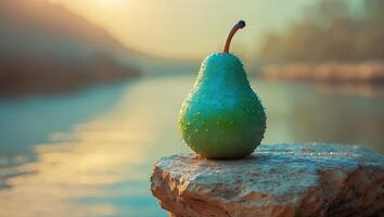 Green Pear on Rock Overlooking Lake at Sunset photo