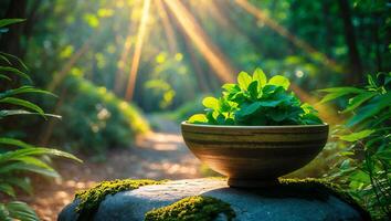 Green Leaves in Bowl on Mossy Rock in Forest Path Sunlight photo