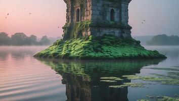Old Stone Tower in Lake with Moss photo