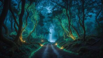 Magical Forest with Waterfall and Glowing Lights photo