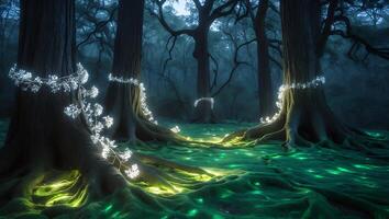 Magical Forest with Glowing Moss and Lights photo