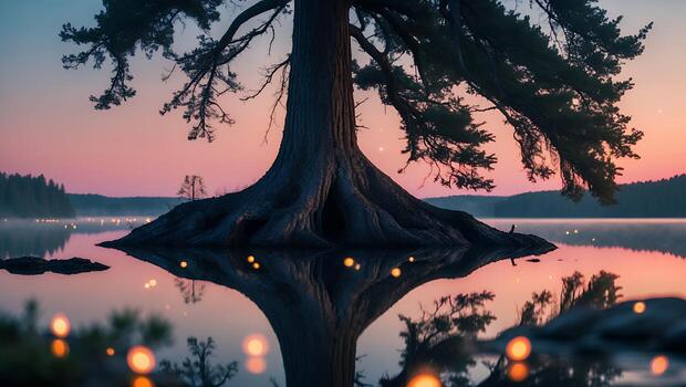 Tree in Lake at Dusk photo