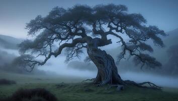Majestic Tree in Foggy Landscape photo