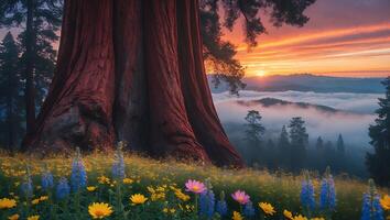 Giant Tree in Meadow at Sunset with Fog and Flowers photo
