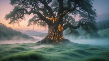 Enchanted Tree on Grassy Hill in Foggy Landscape photo