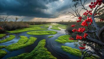 River Marsh Under Stormy Sky with Red Berry Tree photo