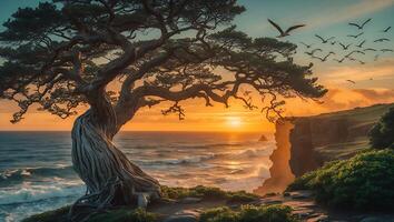 Twisted Tree on Cliff at Sunset Ocean View with Birds photo