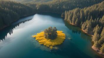 Lake with Forest and Island Scenery photo