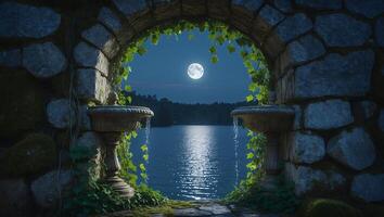 Stone Archway View of Moonlit Lake at Night photo