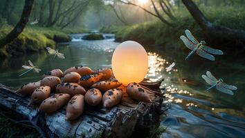 Sweet Potatoes with Light on Log Near River photo