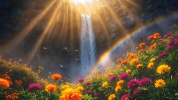 Waterfall with Flowers and Rainbow in Sunlight photo