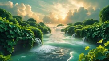 River with Small Waterfalls and Green Shrubs photo