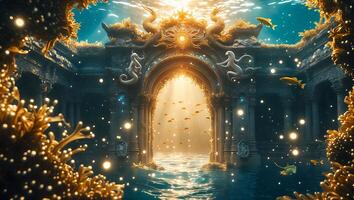 Underwater City Ruins with Fish and Light Beams photo