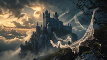 Castle on Cliff with Spider Web and Cloud photo