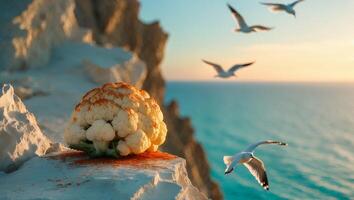 Cauliflower on Cliff by Ocean with Flying Seagulls photo