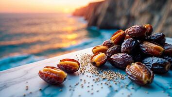 Stuffed Dates on Marble with Ocean Background at Sunset photo