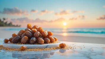 Pile of Date Fruit by Ocean at Sunset photo