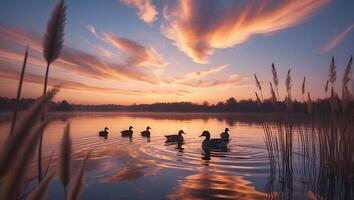 Ducks on Lake at Sunset Reflection photo