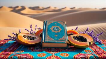 Islamic Book and Papaya in Desert Setting photo