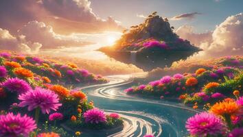 Fantasy Landscape with Floating Island and Flowing River photo