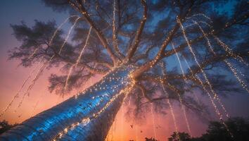 Tree Decorated with Lights at Dusk photo