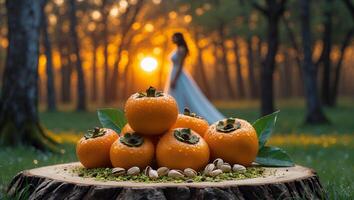 Persimmon and Pistachio on Tree Stump with Woman in Forest photo
