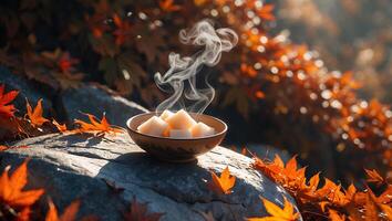 Steaming Cubes in Bowl Among Autumn Leaves photo
