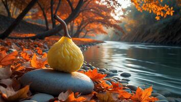 Yellow Pear on a Stone with Autumn Leaves Near a River photo