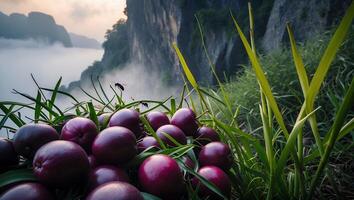 A bunch of grapes sitting on the grass photo