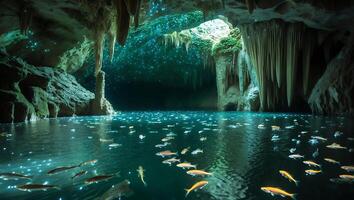 Glowworm Cave with Lake and Fish Swimming photo