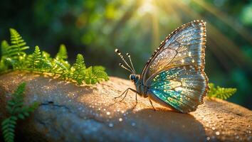 Butterfly on Rock with Fern Under Sunlight photo