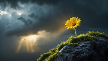 Yellow Flower Growing on Mossy Rock Under a Cloudy Sky photo