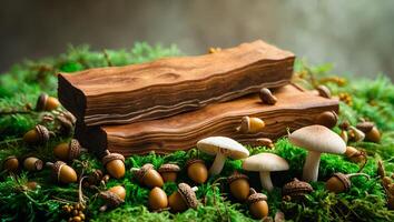 Wooden Log Surrounded by Acorns and Mushrooms photo