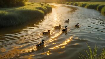 Duck Swimming in River at Sunset photo