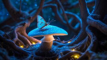 Butterfly on Mushroom with Magical Glow in Forest photo