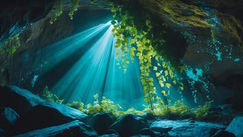 Cave Entrance with Light Rays and Vegetation photo