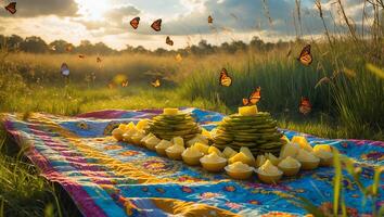 Pancake Picnic with Flying Butterfly in Meadow photo