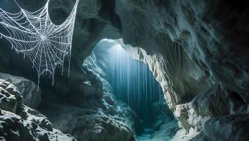 Inside Cave with Rock Formations and Spider Web Hanging photo