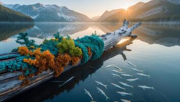 Log in Lake with Fish and Mountains at Sunrise photo