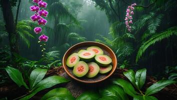 Sliced Fruit in Bowl Jungle Setting photo