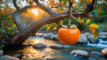 Persimmon Fruit on Branch Above River with Sunset photo