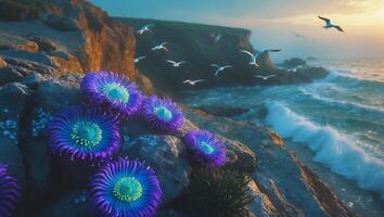 Sea Anemone Flowers on Coastal Cliff with Seagulls photo