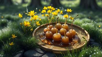 Candied Cherry with Flower and Grass in Summer photo