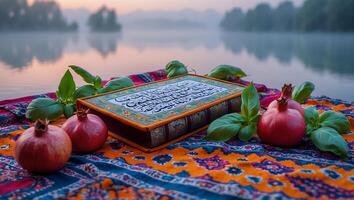 Quran Book with Pomegranates and Basil on Patterned Cloth photo