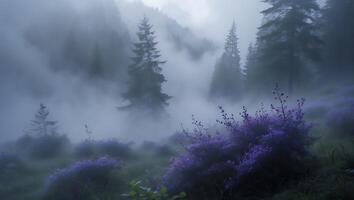 Foggy Forest with Purple Flower Bush photo