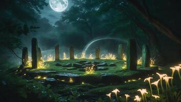 Stone Circle in Forest Illuminated at Night photo